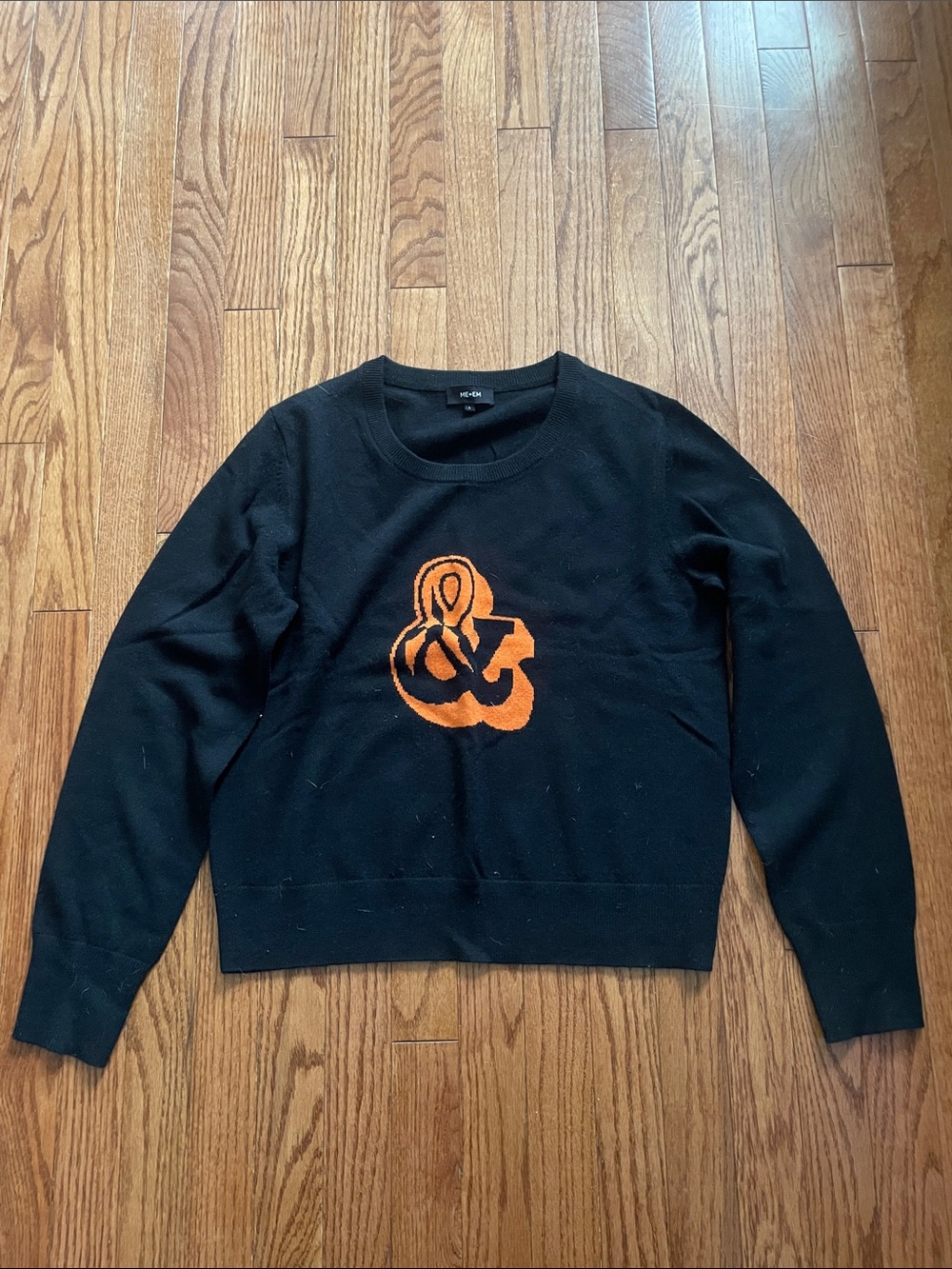 ME + EM "&"Black Orange & Logo Cashmere Crewneck Sweater Sz Large
